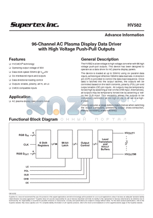 HV582 datasheet - 96-Channel AC Plasma Display Data Driver with High Voltage Push-Pull Outputs