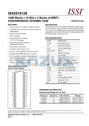 IS42S16128-8T datasheet - 128K Words x 16 Bits x 2 Banks (4-MBIT) SYNCHRONOUS DYNAMIC RAM