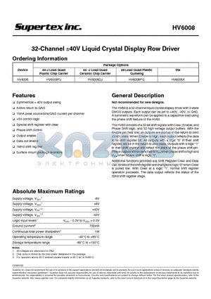 HV6008PJ datasheet - 32-Channel a40V Liquid Crystal Display Row Driver