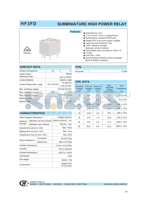 HF3FD/003HNILTNIL555 datasheet - SUBMINIATURE HIGH POWER RELAY
