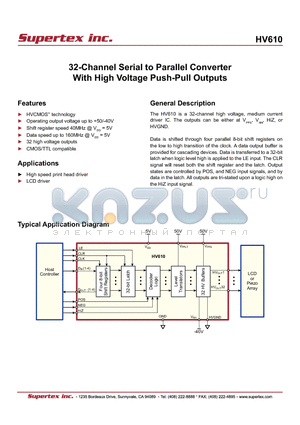 HV610FG-G datasheet - 32-Channel Serial to Parallel Converter With High Voltage Push-Pull Outputs