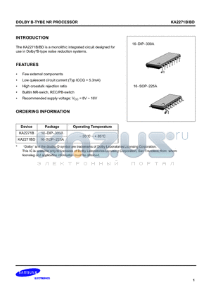 KA2271B datasheet - DOLBY B-TYPE NR PROCESSOR