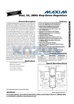 MAX8855AETJ datasheet - Dual, 5A, 2MHz Step-Down Regulators Integrated Boost Diodes