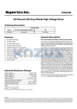 HV62208 datasheet - 32-Channel 256 Gray-Shade High Voltage Driver
