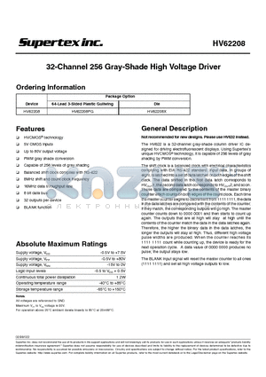 HV62208X datasheet - 32-Channel 256 Gray-Shade High Voltage Driver