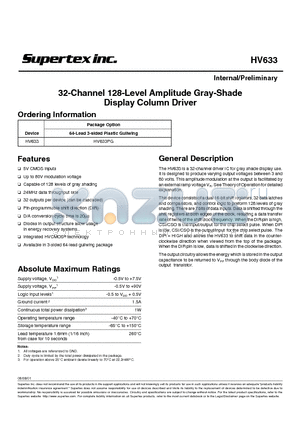 HV633 datasheet - 32-Channel 128-Level Amplitude Gray-Shade Display Column Driver