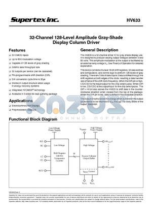 HV633 datasheet - 32-Channel 128-Level Amplitude Gray-Shade Display Column Driver