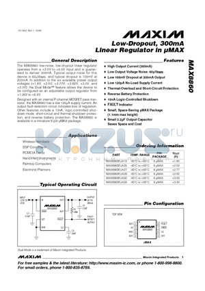 MAX8860EUA28 datasheet - Low-Dropout, 300mA Linear Regulator in lMAX