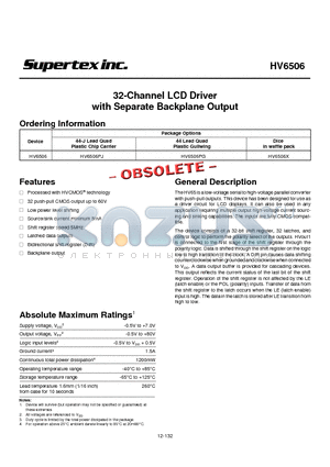 HV6506PG datasheet - 32-Channel LCD Driver with Separate Backplane Output