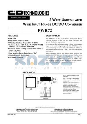 PWR72 datasheet - 3 WATT UNREGULATED WIDE INPUT RANGE DC/DC CONVERTERS