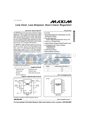 MAX8862LESE datasheet - Low-Cost, Low-Dropout, Dual Linear Regulator