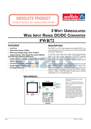 PWR72 datasheet - 3 WATT UNREGULATED WIDE INPUT RANGE DC/DC CONVERTER