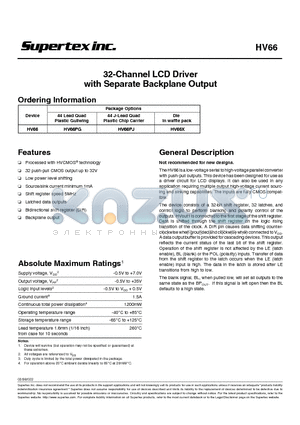 HV66PJ datasheet - 32-Channel LCD Driver with Separate Backplane Output