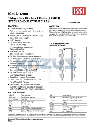 IS42S16400 datasheet - 1 Meg Bits x 16 Bits x 4 Banks (64-MBIT) SYNCHRONOUS DYNAMIC RAM