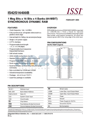 IS42S16400B datasheet - 1 Meg Bits x 16 Bits x 4 Banks (64-MBIT) SYNCHRONOUS DYNAMIC RAM