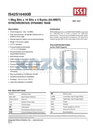 IS42S16400B-6TL datasheet - 1 Meg Bits x 16 Bits x 4 Banks (64-MBIT) SYNCHRONOUS DYNAMIC RAM