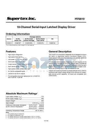 HV6810 datasheet - 10-Channel Serial-Input Latched Display Driver