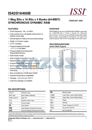 IS42S16400B-7T datasheet - 1 Meg Bits x 16 Bits x 4 Banks (64-MBIT) SYNCHRONOUS DYNAMIC RAM