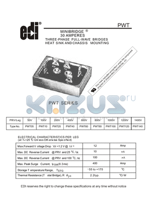 PWT10 datasheet - MINIBRIDGE 30 AMPERES THREE-PHASE FULL-WAVE BRIDGES HEAT SINK AND CHASSIS MOUNTING