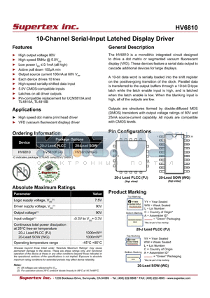 HV6810 datasheet - 10-Channel Serial-Input Latched Display Driver