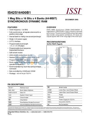 IS42S16400B1 datasheet - 1 Meg Bits x 16 Bits x 4 Banks (64-MBIT) SYNCHRONOUS DYNAMIC RAM