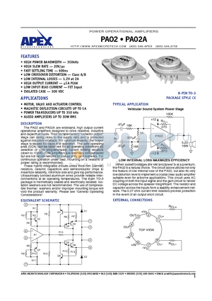 PA02 datasheet - POWER OPERATIONAL AMPLIFIERS