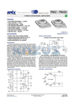 PA02 datasheet - POWER OPERATIONAL AMPLIFIERS