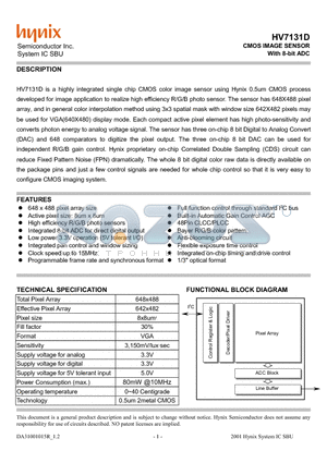 HV7131D datasheet - CMOS IMAGE SENSOR With 8-bit ADC