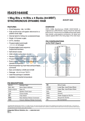 IS42S16400E datasheet - 1 Meg Bits x 16 Bits x 4 Banks (64-MBIT) SYNCHRONOUS DYNAMIC RAM
