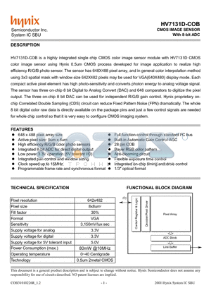 HV7131D-COB datasheet - CMOS IMAGE SENSOR With 8-bit ADC