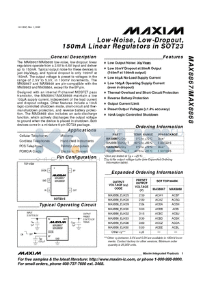 MAX8867EUKXY-T datasheet - Low-Noise, Low-Dropout, 150mA Linear Regulators in SOT23