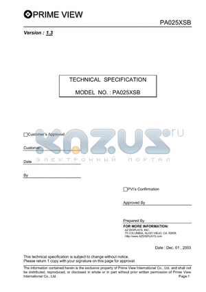 PA025XSB datasheet - This technical specification applies to 2.5inch color TFT-LCD panel.