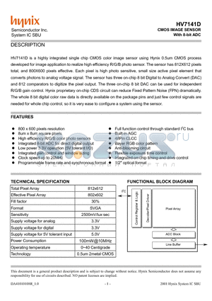 HV7141 datasheet - CMOS IMAGE SENSOR With 8-bit ADC