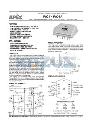 PA04 datasheet - POWER OPERATIONAL AMPLIFIERS