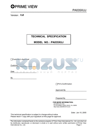 PA035XUJ datasheet - This technical specification applies to 3.5inch color TFT-LCD panel.