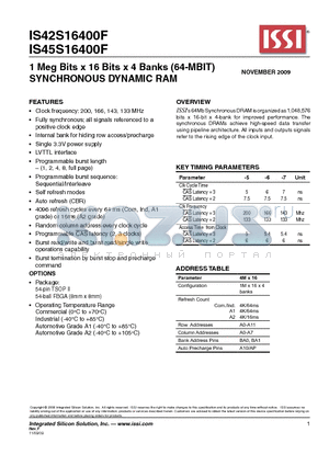 IS42S16400F-6TLI datasheet - 1 Meg Bits x 16 Bits x 4 Banks (64-MBIT) SYNCHRONOUS DYNAMIC RAM