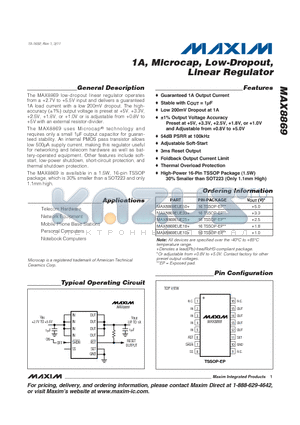 MAX8869EUE25 datasheet - 1A, Microcap, Low-Dropout, Linear Regulator Foldback Output Current Limit