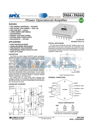 PA04 datasheet - Power Operational Amplifier