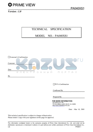 PA040XS1 datasheet - This technical specification applies to 4inch color TFT-LCD module, PA040XS1