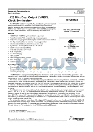 MPC92433 datasheet - 1428 MHz Dual Output LVPECL Clock Synthesizer