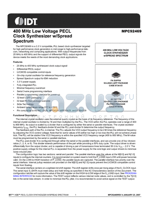 MPC92469 datasheet - 400 MHz Low Voltage PECL Clock Synthesizer w/Spread Spectrum