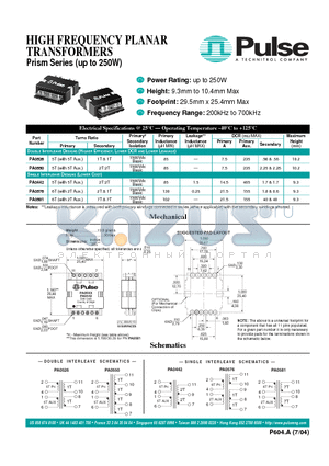 PA0576 datasheet - HIGH FREQUENCY PLANAR TRANSFORMERS Prism Series (up to 250W)