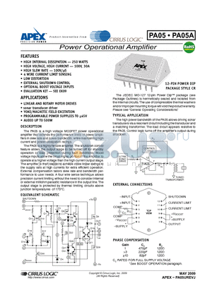 PA05A datasheet - Power Operational Amplifier