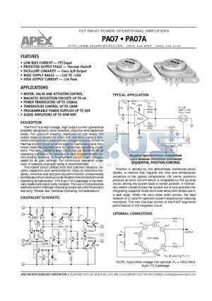 PA07 datasheet - FET INPUT POWER OPERATIONAL AMPLIFIERS