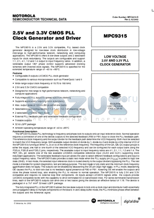 MPC9315 datasheet - 2.5V and 3.3V CMOS PLL Clock Generator and Driver