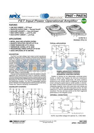 PA07 datasheet - FET Input Power Operational Amplifier