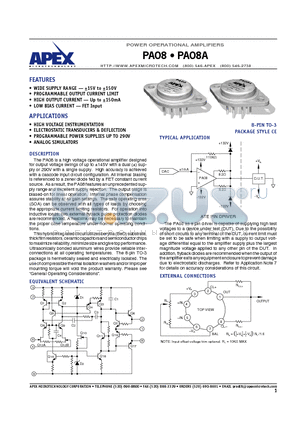 PA08 datasheet - POWER OPERATIONAL AMPLIFIERS