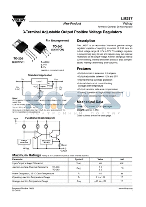 LM317 datasheet - 3-Terminal Adjustable Output Positive Voltage Regulators