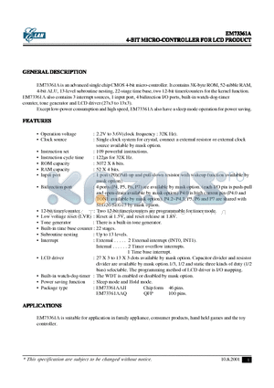 EM73361A datasheet - 4-BIT MICRO-CONTROLLER FOR LCD PRODUCT