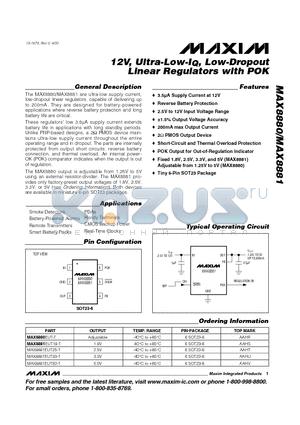 MAX8880 datasheet - 12V, Ultra-Low-IQ, Low-Dropout Linear Regulators with POK